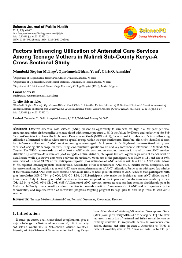 (PDF) Factors influencing utilization of antenatal and delivery care ...