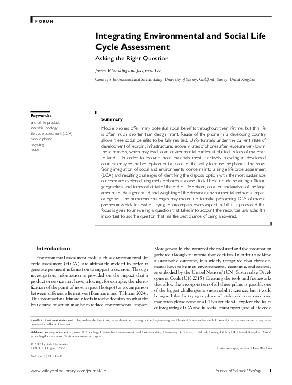 (PDF) Integrating Environmental and Social Life Cycle Assessment ...