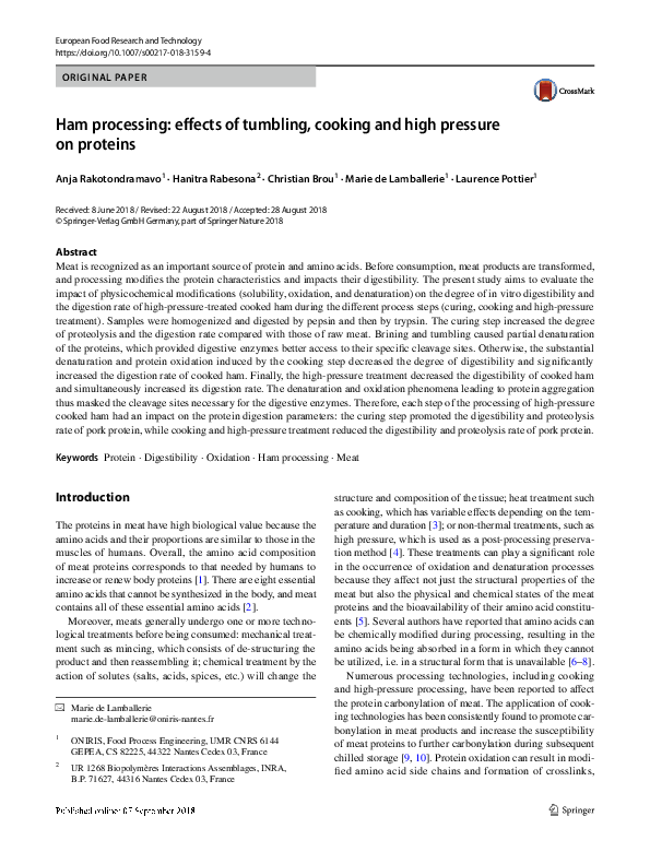 (PDF) Ham processing: effects of tumbling, cooking and high pressure on ...