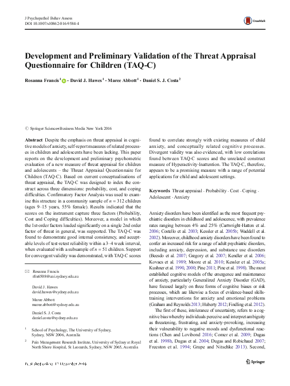 (PDF) Development and Preliminary Validation of the Threat Appraisal ...