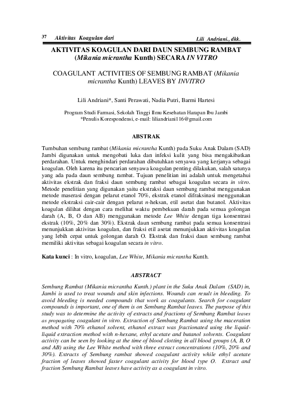 (PDF) AKTIVITAS KOAGULAN DARI DAUN SEMBUNG RAMBAT (Mikania micrantha ...
