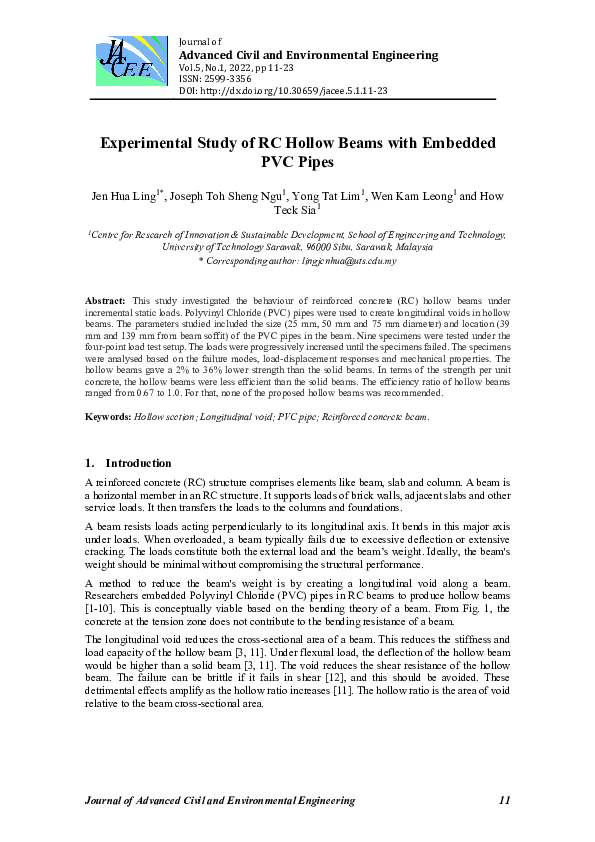 (PDF) Experimental Study of RC Hollow Beams with Embedded PVC Pipes