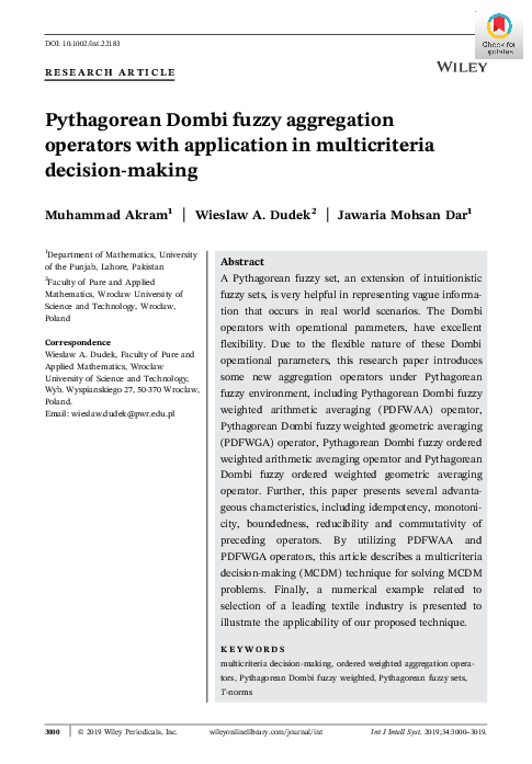 (PDF) Pythagorean Dombi fuzzy aggregation operators with application in ...