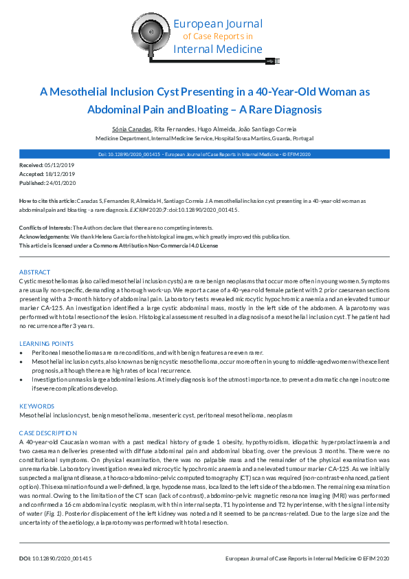 (PDF) A Mesothelial Inclusion Cyst Presenting in a 40-Year-Old Woman as ...