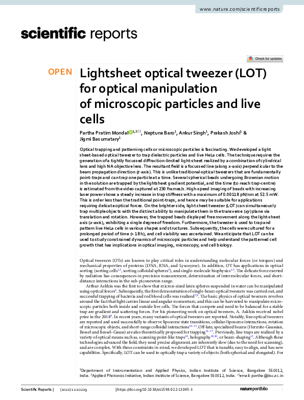 (PDF) Lightsheet optical tweezer (LOT) for optical manipulation of ...