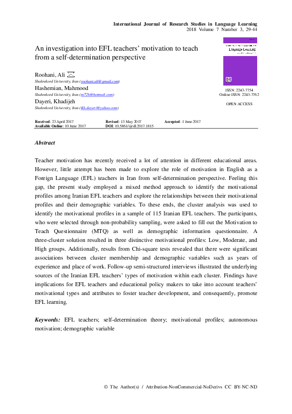 (PDF) An investigation into EFL teachers’ motivation to teach from a ...