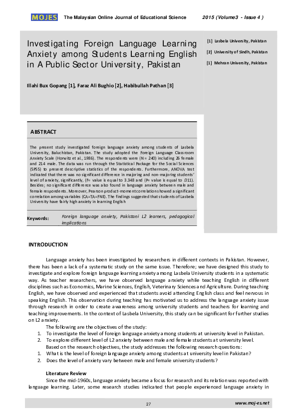 (PDF) Investigating Foreign Language Learning Anxiety among Students ...