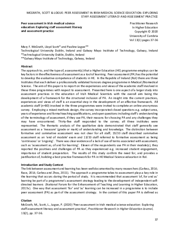 (PDF) Peer assessment in Irish medical science education: Exploring ...