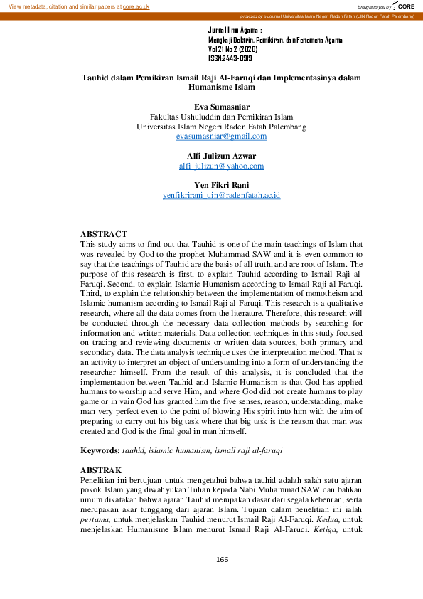 (PDF) Tauhid dalam Pemikiran Ismail Raji Al-Faruqi dan Implementasinya ...