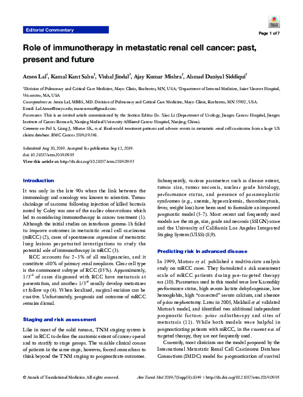 (PDF) Role of immunotherapy in metastatic renal cell cancer: past ...