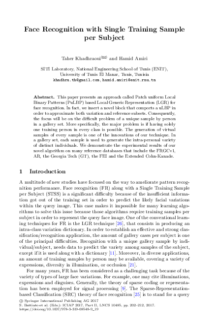 (PDF) Face Recognition with Single Training Sample per Subject