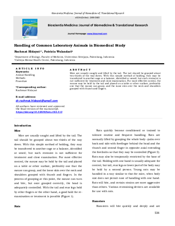 (PDF) Handling of Common Laboratory Animals in Biomedical Study ...