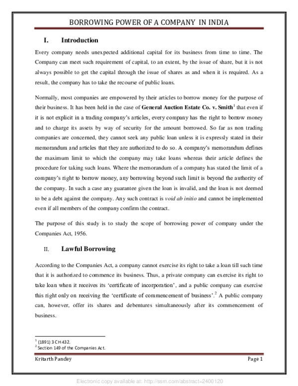 (PDF) Borrowing Power of a Company in India | Kritarth Pandey ...