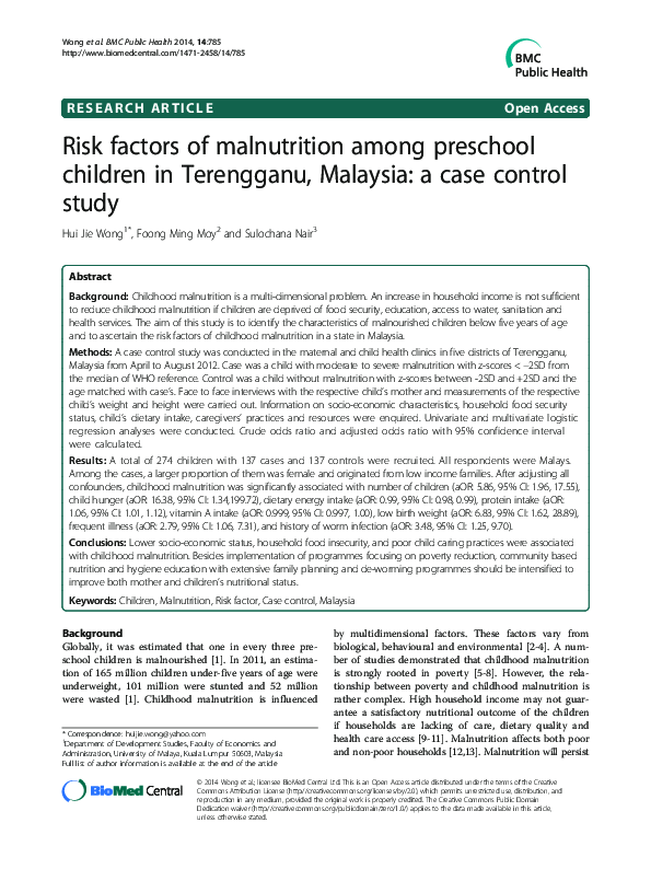 (PDF) Risk factors of malnutrition among preschool children in ...