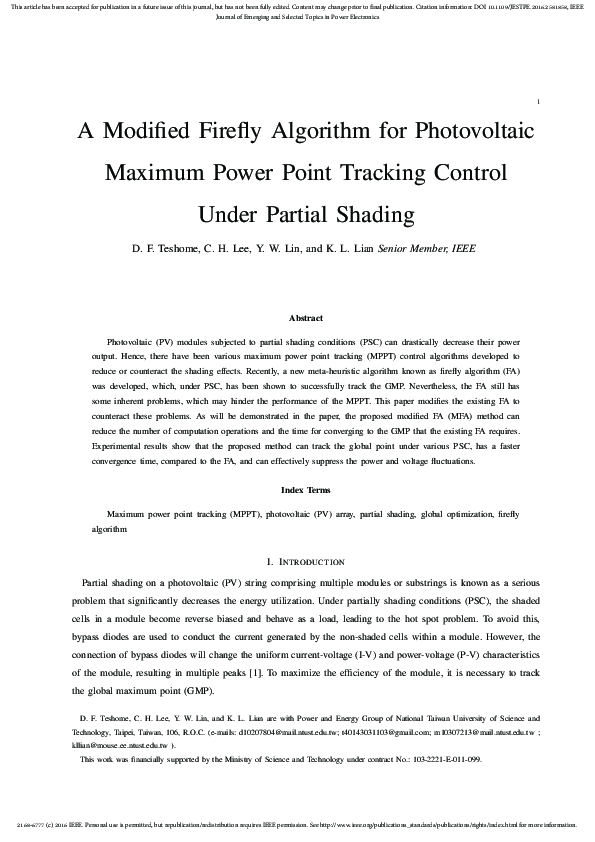 (PDF) A Modified Firefly Algorithm for Photovoltaic Maximum Power Point ...