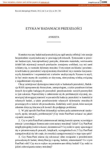 (PDF) Etyka w badaniach przeszłości : ankieta