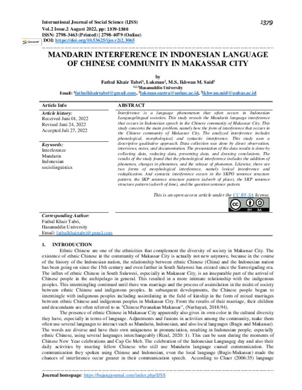 (PDF) Mandarin Interference in Indonesian Language of Chinese Community ...