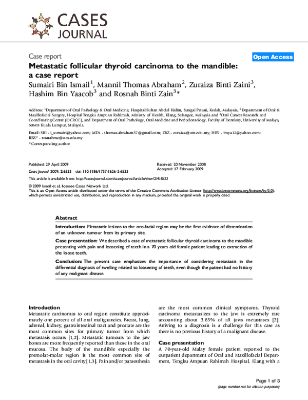 (PDF) Metastatic follicular thyroid carcinoma to the mandible: a case ...