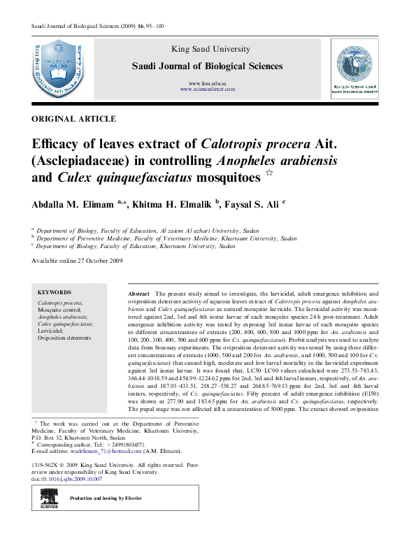 (PDF) Efficacy of leaves extract of Calotropis procera Ait ...