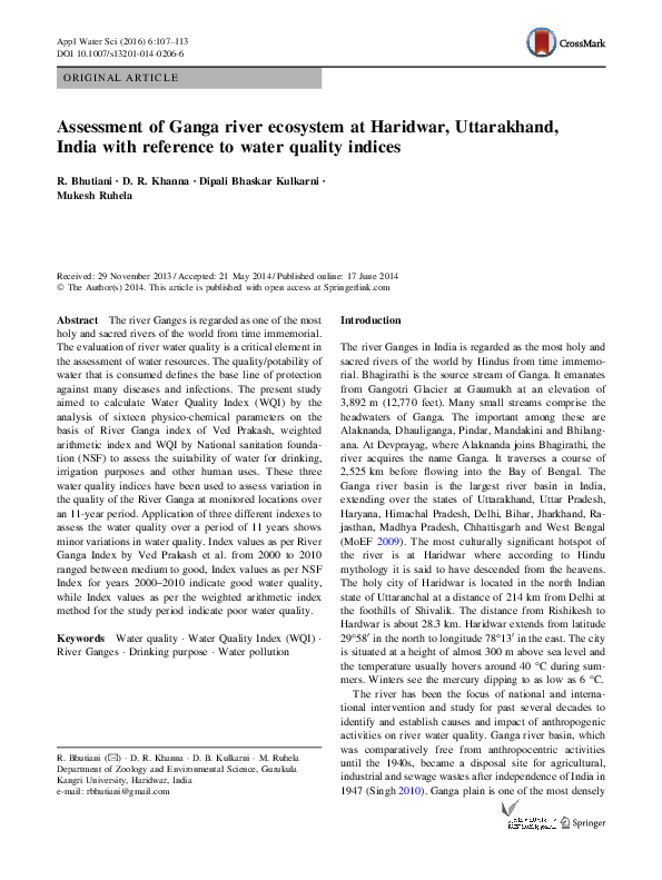 (PDF) Assessment of Ganga river ecosystem at Haridwar, Uttarakhand ...