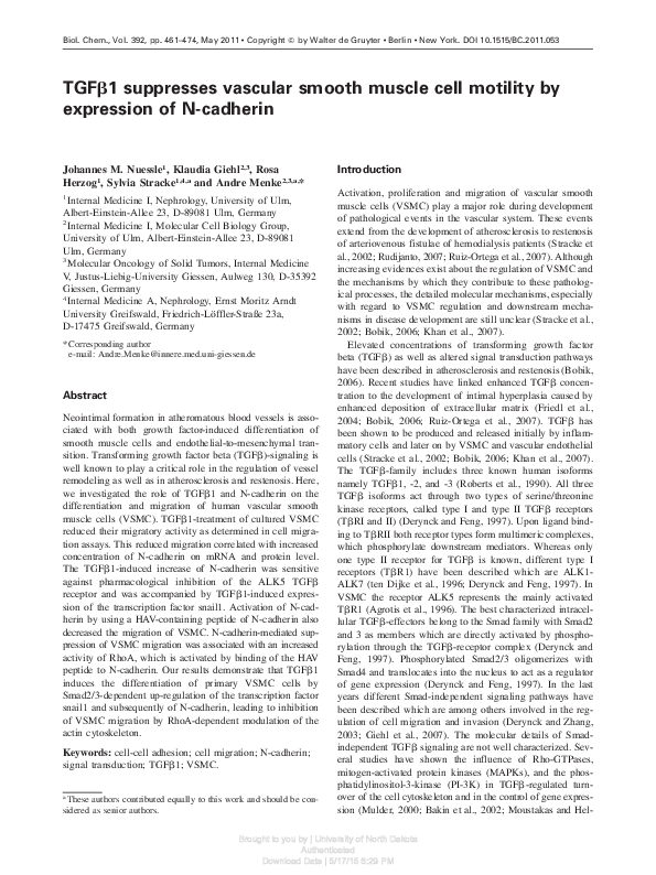 (PDF) TGFβ1 suppresses vascular smooth muscle cell motility by ...