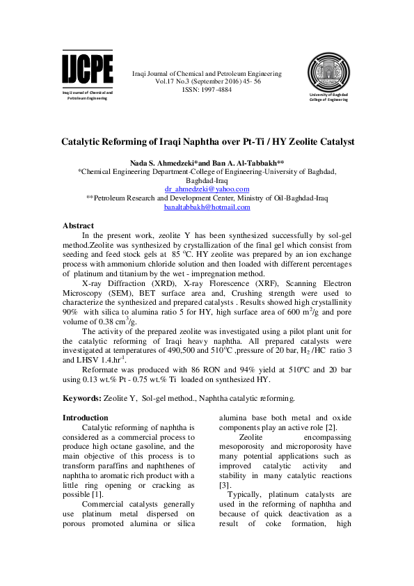 (PDF) Catalytic Reforming of Iraqi Naphtha over Pt-Ti / HY Zeolite Catalyst