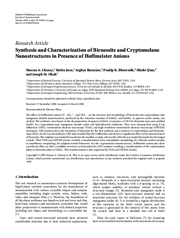 (PDF) Synthesis and Characterization of Birnessite and Cryptomelane ...