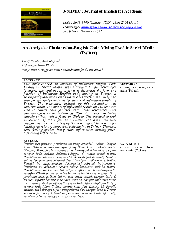 (PDF) An Analysis of Indonesian-Eglish Code Mixing Used in Social Media ...