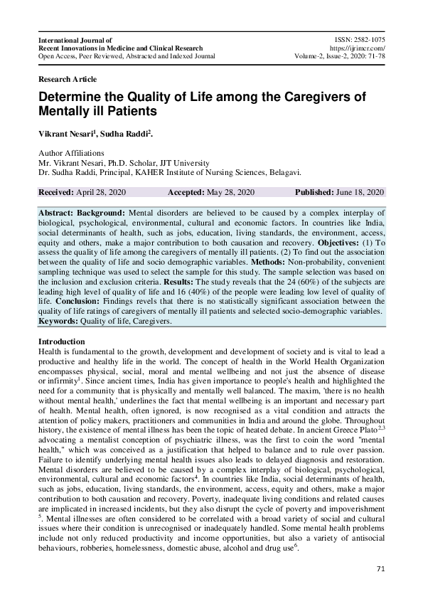 (PDF) Determine the Quality of Life among the Caregivers of Mentally ...