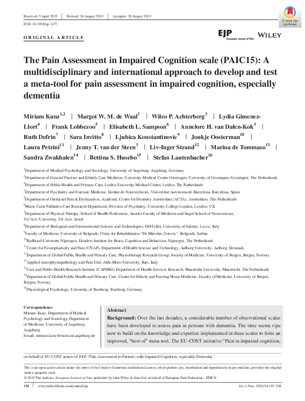 (PDF) The Pain Assessment in Impaired Cognition scale (PAIC15): A ...