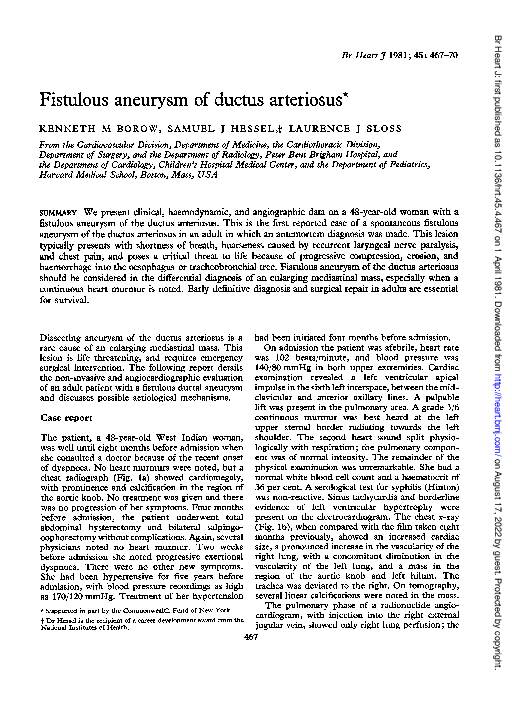 (PDF) Fistulous aneurysm of ductus arteriosus