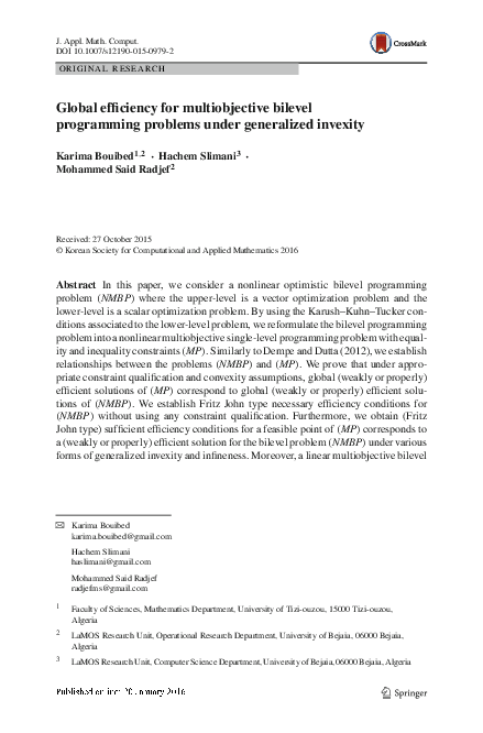 (PDF) Global efficiency for multiobjective bilevel programming problems ...