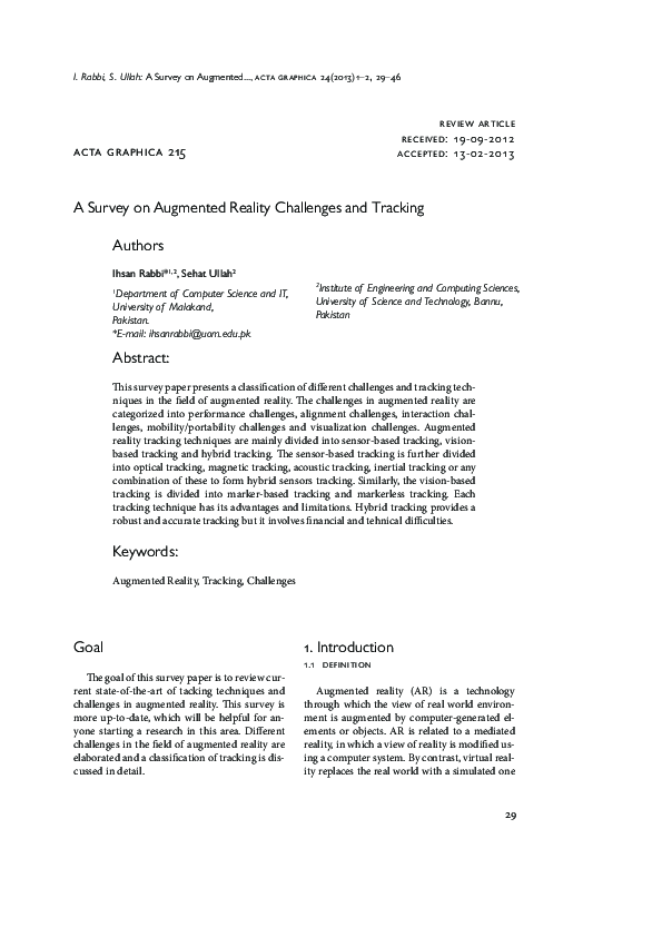 (PDF) A Survey on Augmented Reality Challenges and Tracking