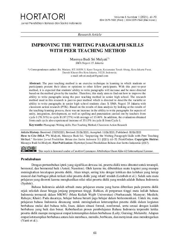 (PDF) Improving the Writing Paragraph Skills with Peer Teaching Method