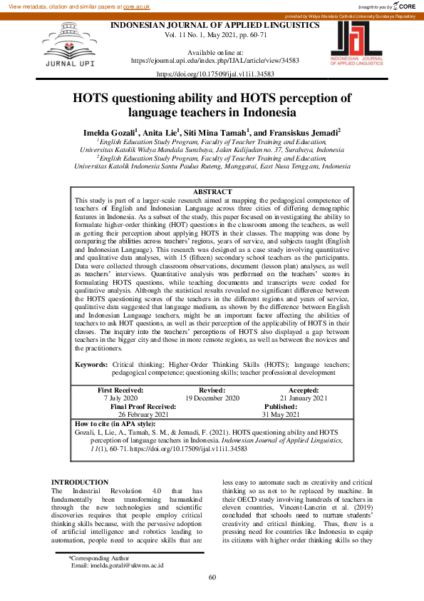 (PDF) Hots Questioning Ability and Hots Perception of Language Teachers ...