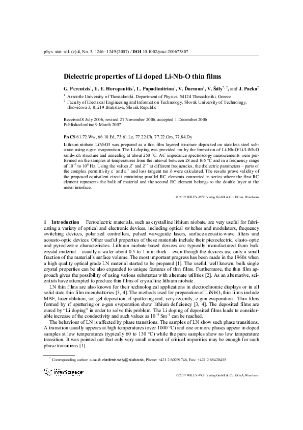 (PDF) Dielectric properties of Li doped Li-Nb-O thin films