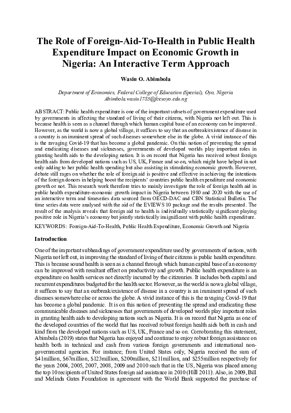 (PDF) The Role of Foreign-Aid-To-Health in Public Health Expenditure ...