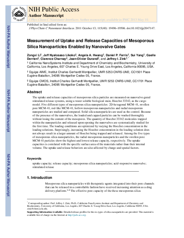 (PDF) Measurement of Uptake and Release Capacities of Mesoporous Silica ...