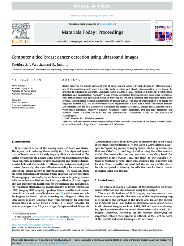 (PDF) Computer aided breast cancer detection using ultrasound images