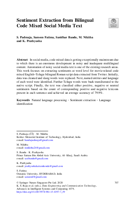 (PDF) Sentiment Extraction from Bilingual Code Mixed Social Media Text