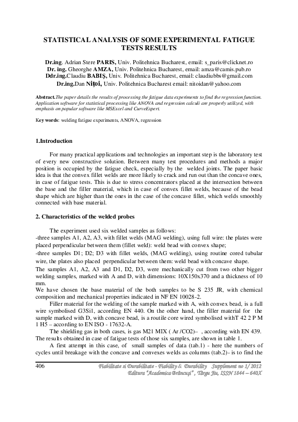 (PDF) Statistical Analysis of Some Experimental Fatigue Tests Results