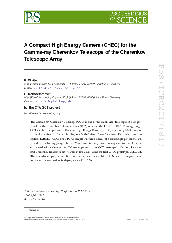 (PDF) A Compact High Energy Camera (CHEC) for the Gamma-ray Cherenkov ...