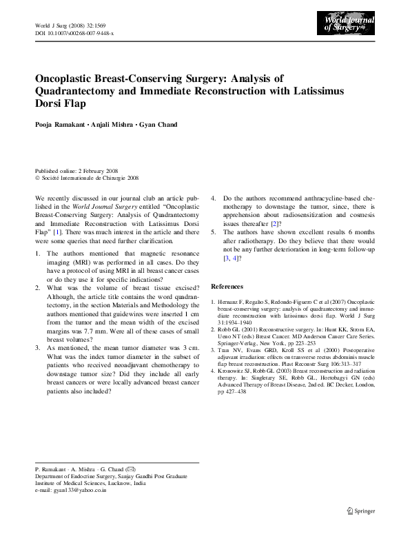 (PDF) Oncoplastic Breast-Conserving Surgery: Analysis of Quadrantectomy ...