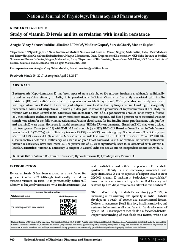 (PDF) Study of vitamin D levels and its correlation with insulin resistance