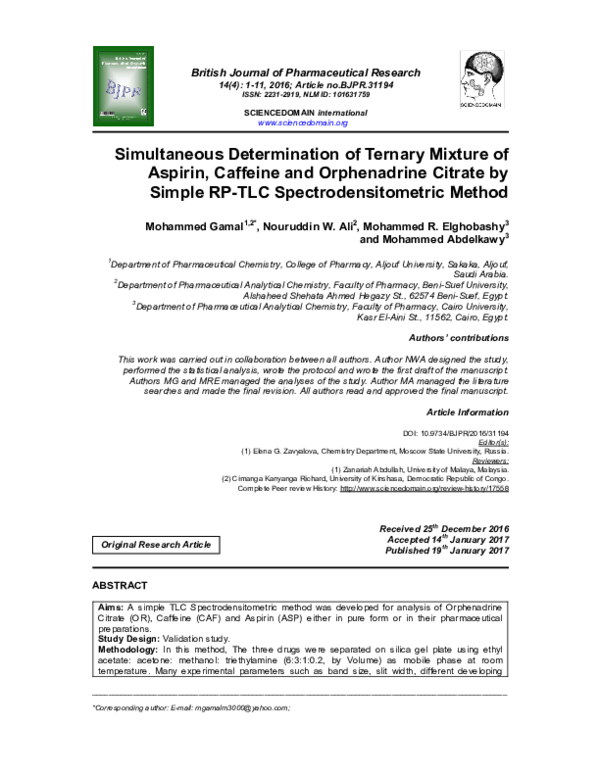 (PDF) Simultaneous Determination of Ternary Mixture of Aspirin