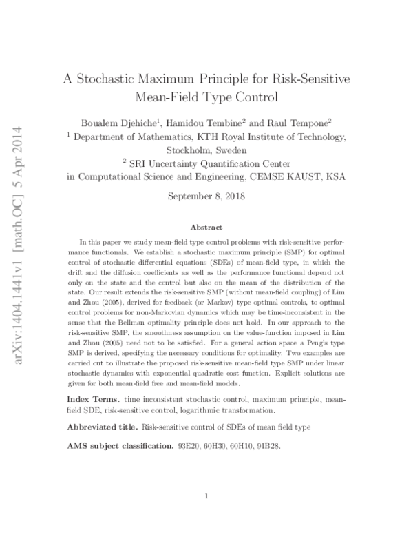 (PDF) A stochastic maximum principle for risk-sensitive mean-field-type ...