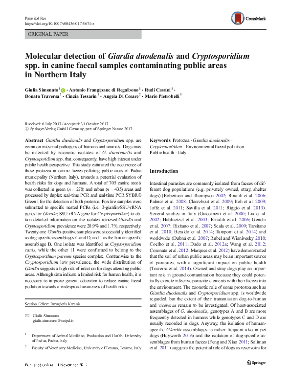 (PDF) Molecular detection of Giardia duodenalis and Cryptosporidium spp ...