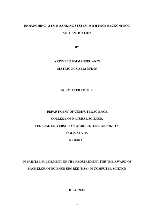 ENHANCHING ATM E BANKING SYSTEM WITH FACE RECOGNITION EMMANUEL AKINYELU