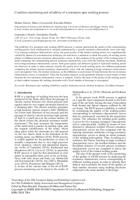 (PDF) Condition Monitoring and Reliability of a Resistance Spot Welding ...