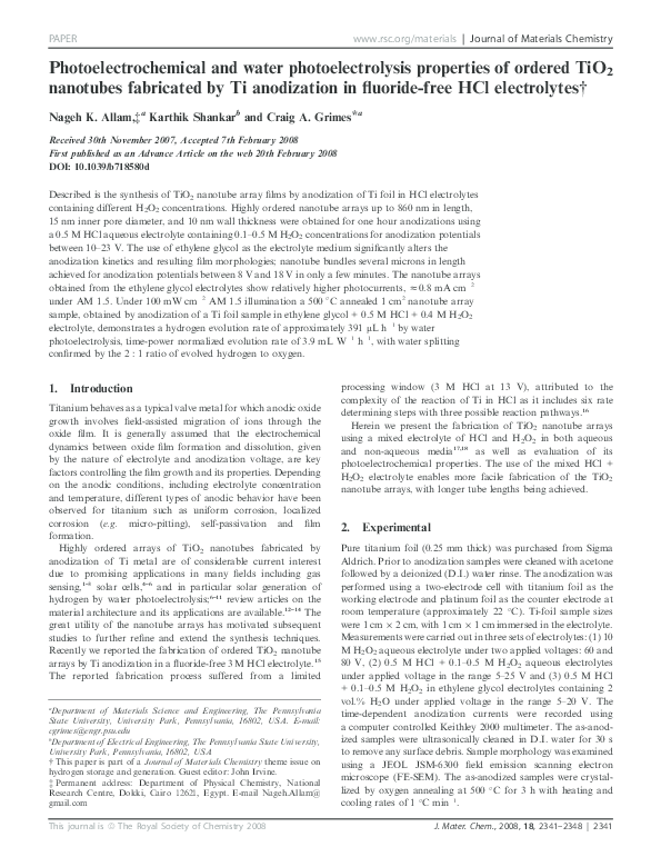 (PDF) Photoelectrochemical and Water Photoelectrolysis Properties of ...